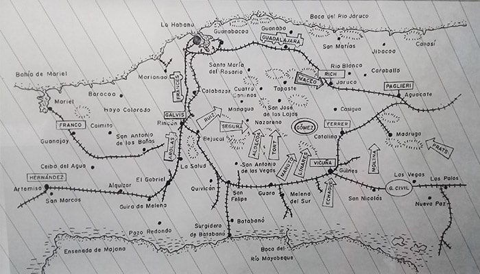 Mapa que refleja la presencia de las tropas del Lugarteniente General Antonio Maceo Grajales cerca de Jaruco y del General Máximo Gómez Báez en el Occidente cubano en febrero de 1896. Foto: Tomada del periódico La Caricatura, de 1896.
